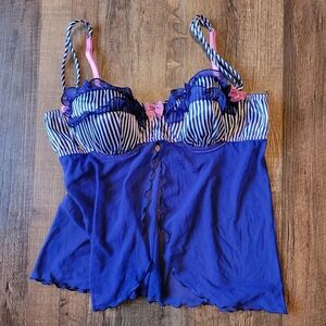 Frederick's Of Hollywood Blue White Pink Stripes Mesh Ruffle Babydoll Negligee